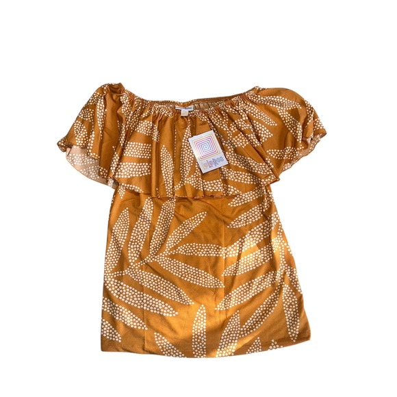 LuLaRoe Tops - LuLaRoe XXS Off The Shoulder‎ Ruffle Top Mustard Yellow Leaf Print